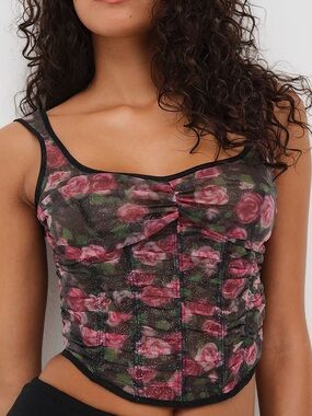 For Love & Lemons Black Mesh Corset Top with Pink and Green Rose Print